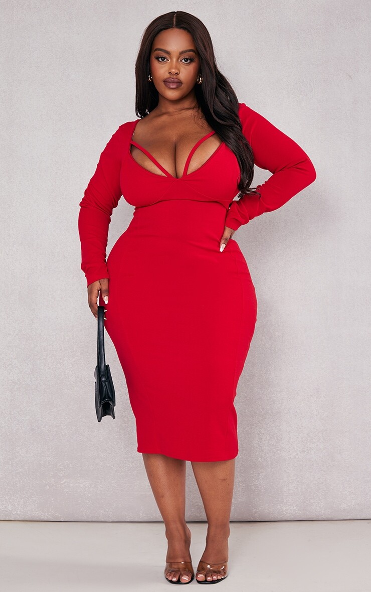 

PrettyLittleThing Красное платье-миди с длинными рукавами и бретелями Plus