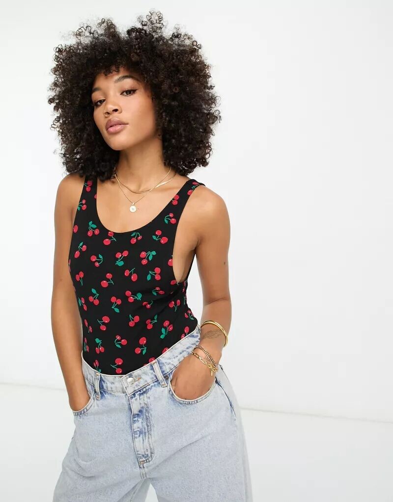 

Боди с вишневым принтом, глубоким вырезом на рукавах и спине ASOS