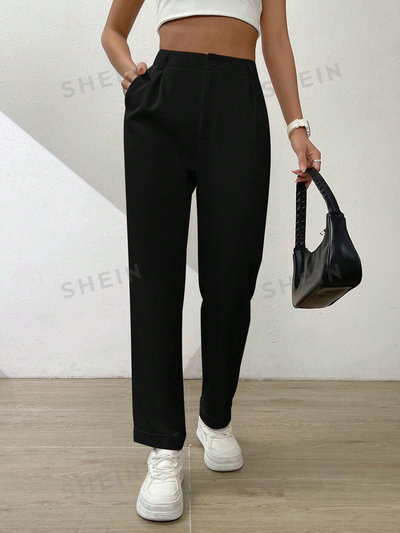 shein essnce однотонные широкие брюки со складками и наклонными карманами коричневый SHEIN Essnce Однотонные широкие брюки со складками и наклонными карманами, черный