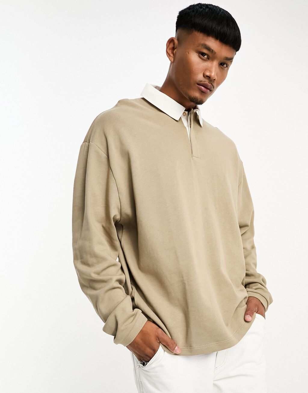 

Серо-бежевый свитшот-поло для регби ASOS DESIGN