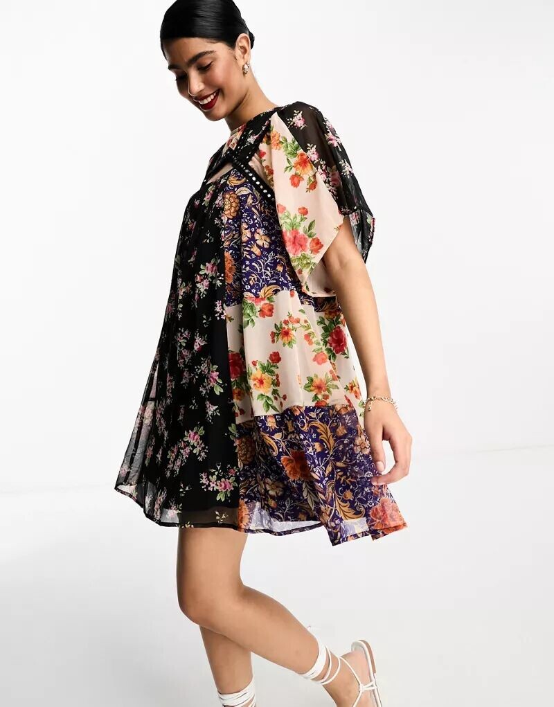 

Шифоновое свободное платье мини ASOS с зеркальными деталями и цветочным принтом в стиле пэчворк