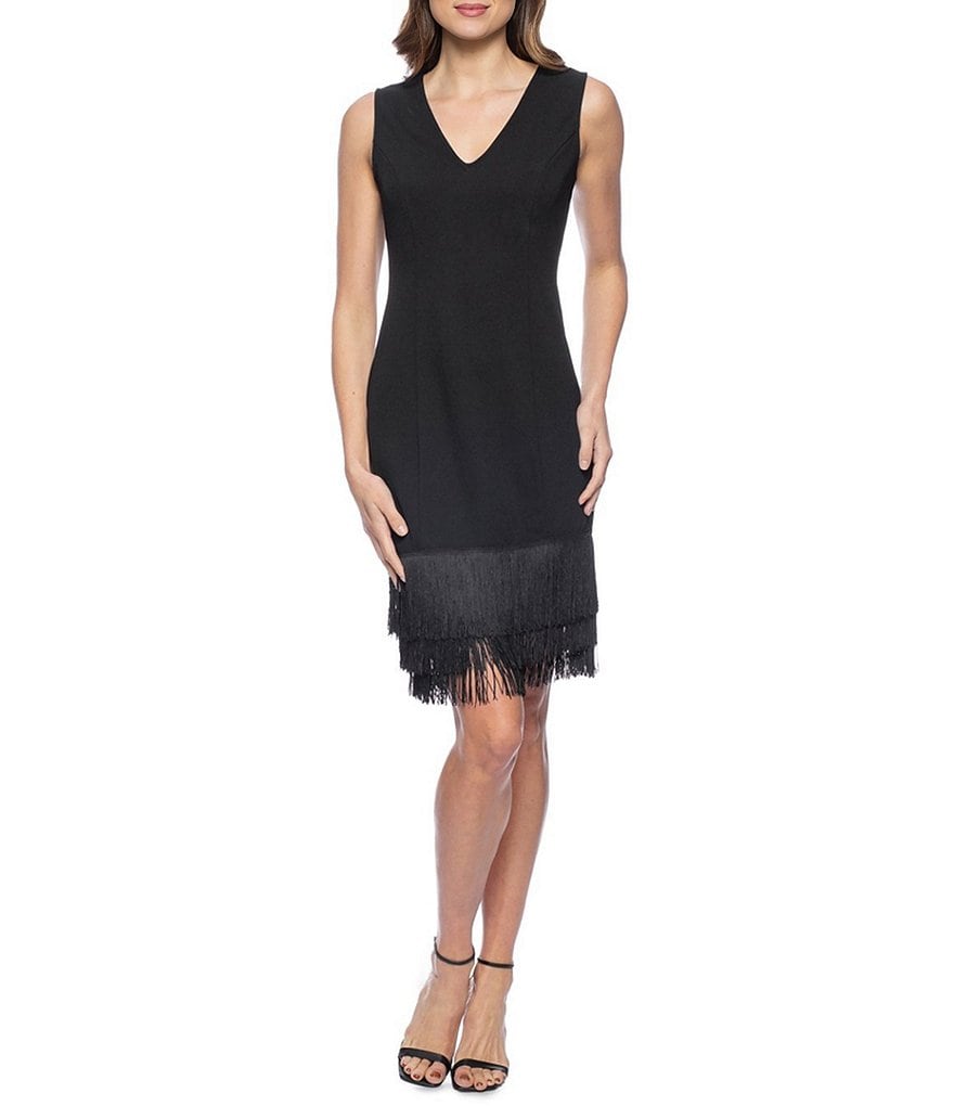 цена Короткое платье-футляр из крепа с аквалангом Marina без рукавов с V-образным вырезом и бахромой, черный