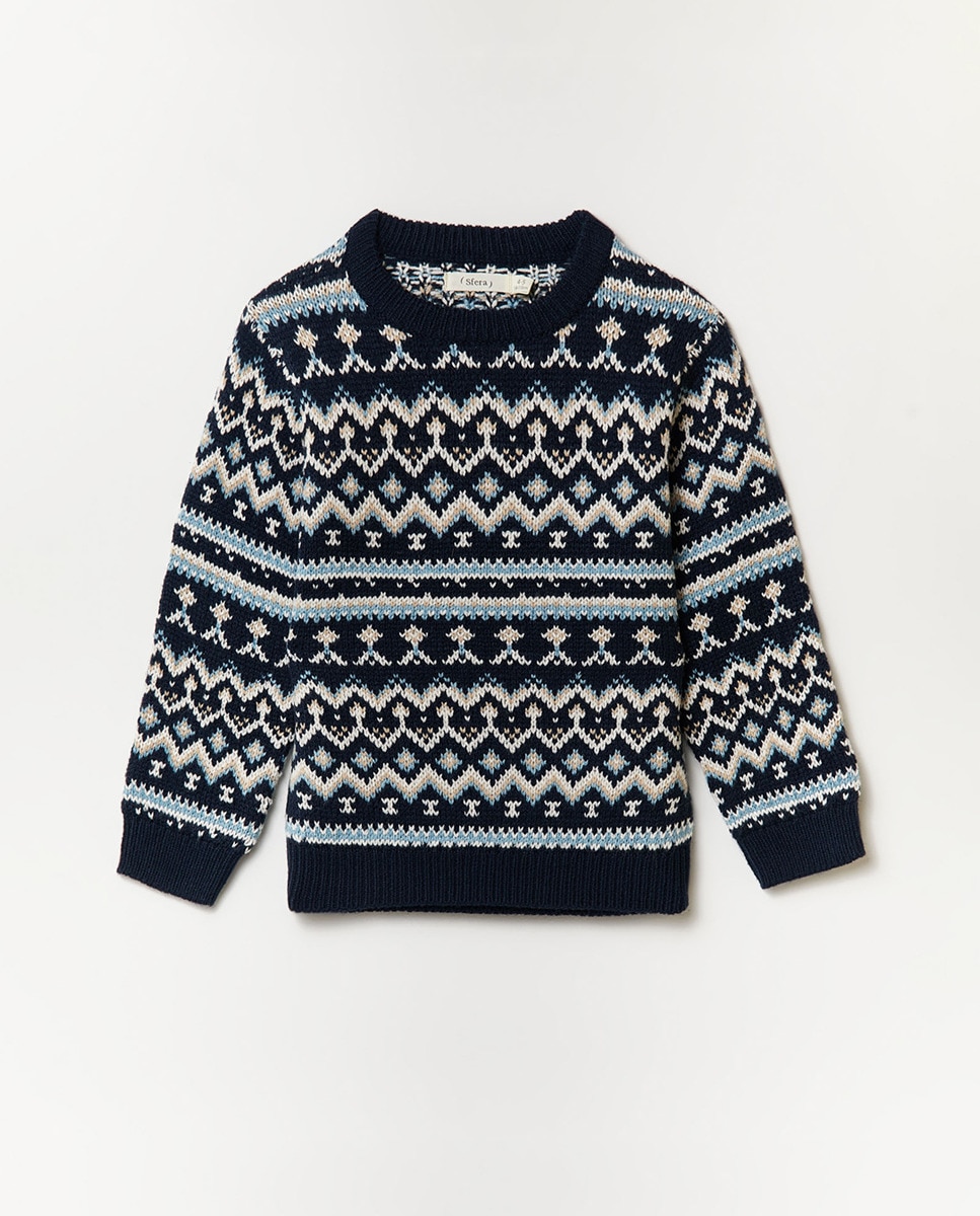 Жаккардовый свитер для мальчика Sfera, темно-синий черный жаккардовый свитер taakk