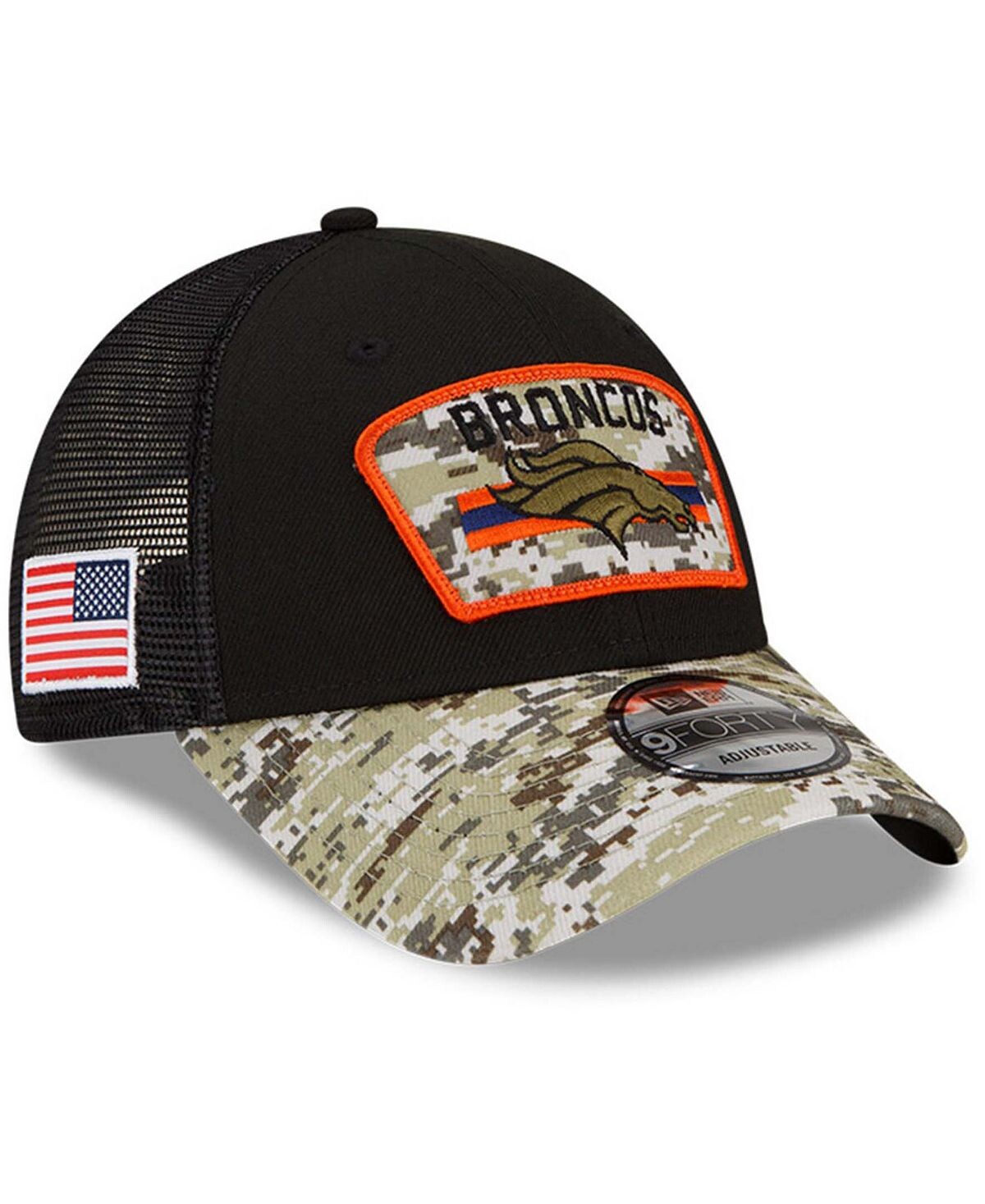 

Мужская черная камуфляжная регулируемая кепка Denver Broncos 2021 Salute To Service Trucker 9FORTY Snapback New Era