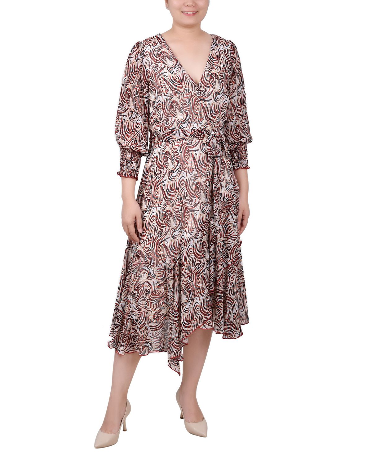 Миниатюрное шифоновое платье с рукавами 3/4 и поясом, с платком на подоле NY Collection