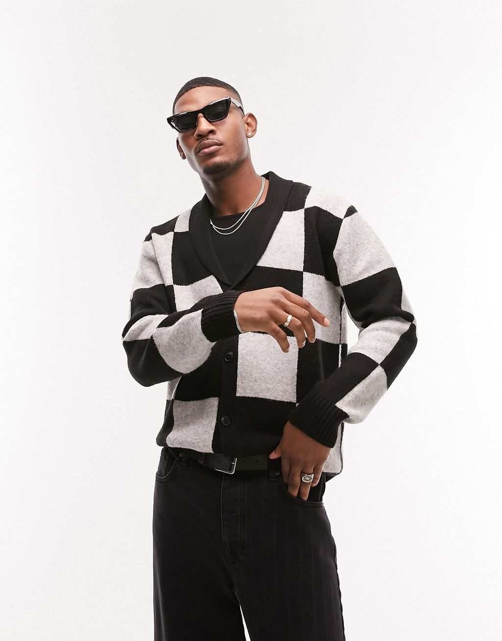 

Однотонный вязаный кардиган с шалевым узором Topman