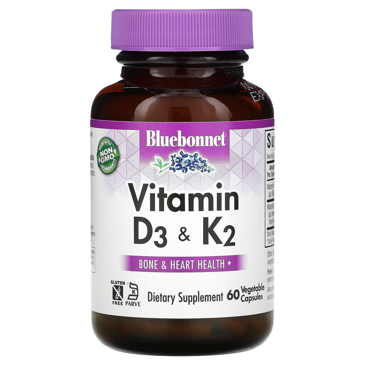 

Витамины D3 и K2, 60 вегетарианских капсул, Bluebonnet Nutrition