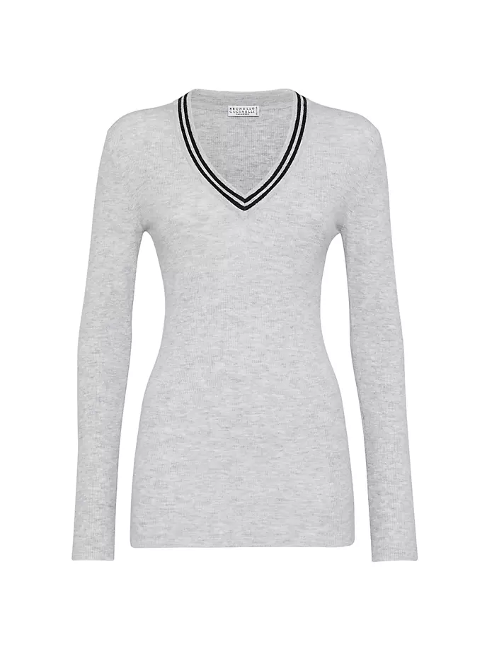 

Легкий свитер вязки в рубчик из сверкающего кашемира с полосатым вырезом Brunello Cucinelli, цвет pebble