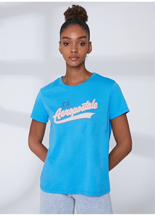 

Синяя женская футболка с круглым вырезом и вышивкой Aeropostale, Синий