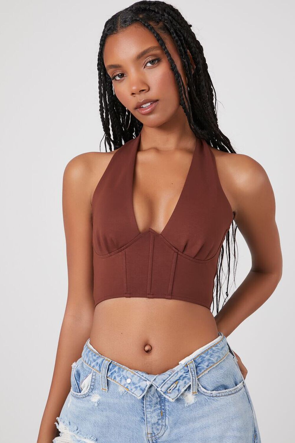 

Укороченный топ с глубоким корсетом и бретельками Forever 21, капучино