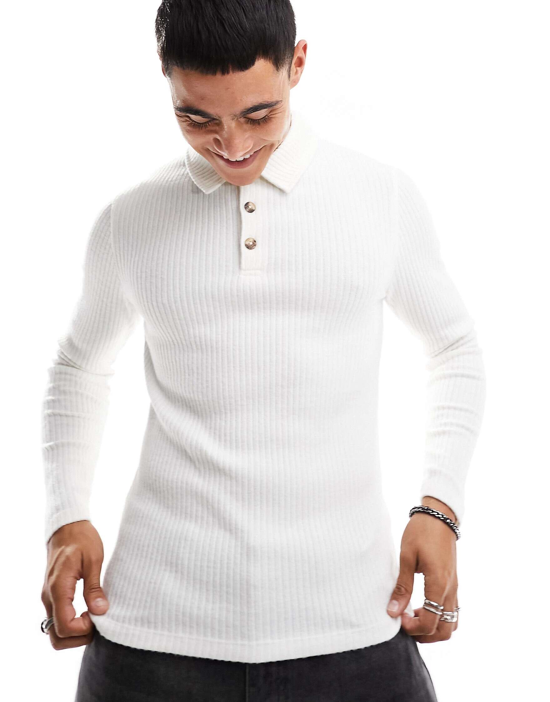 Белая рубашка-поло с длинными рукавами в рубчик ASOS
