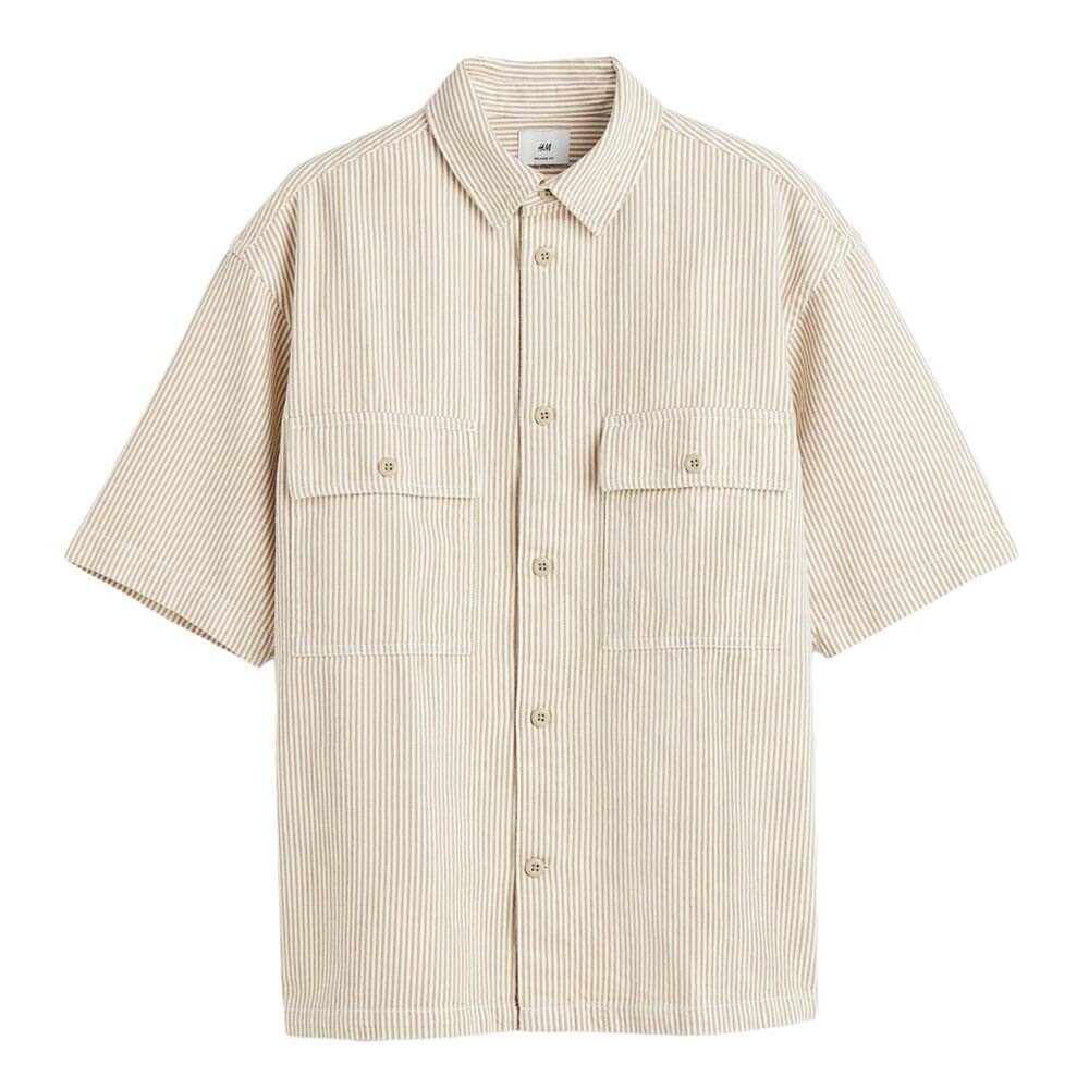 

Рубашка H&M Relaxed Fit Short-sleeved Twill, бежевый/белый