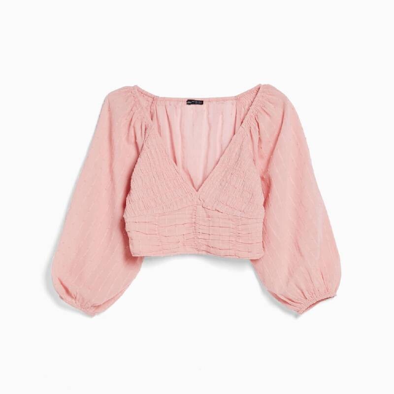 

Блузка короткая Bershka Voluminous V-neck, розовый