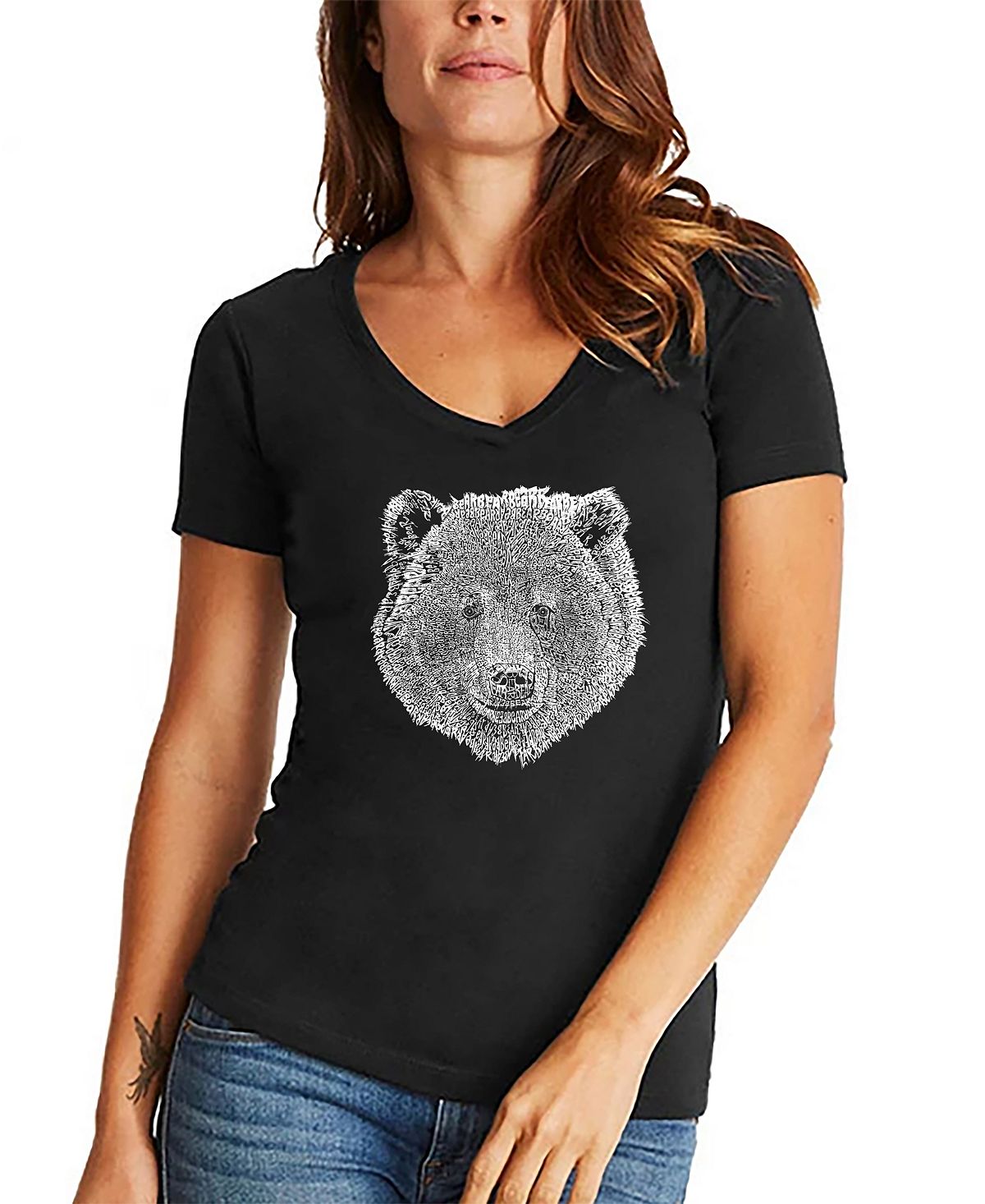 три медведя медведи Женская футболка с v-образным вырезом word art bear face LA Pop Art, черный