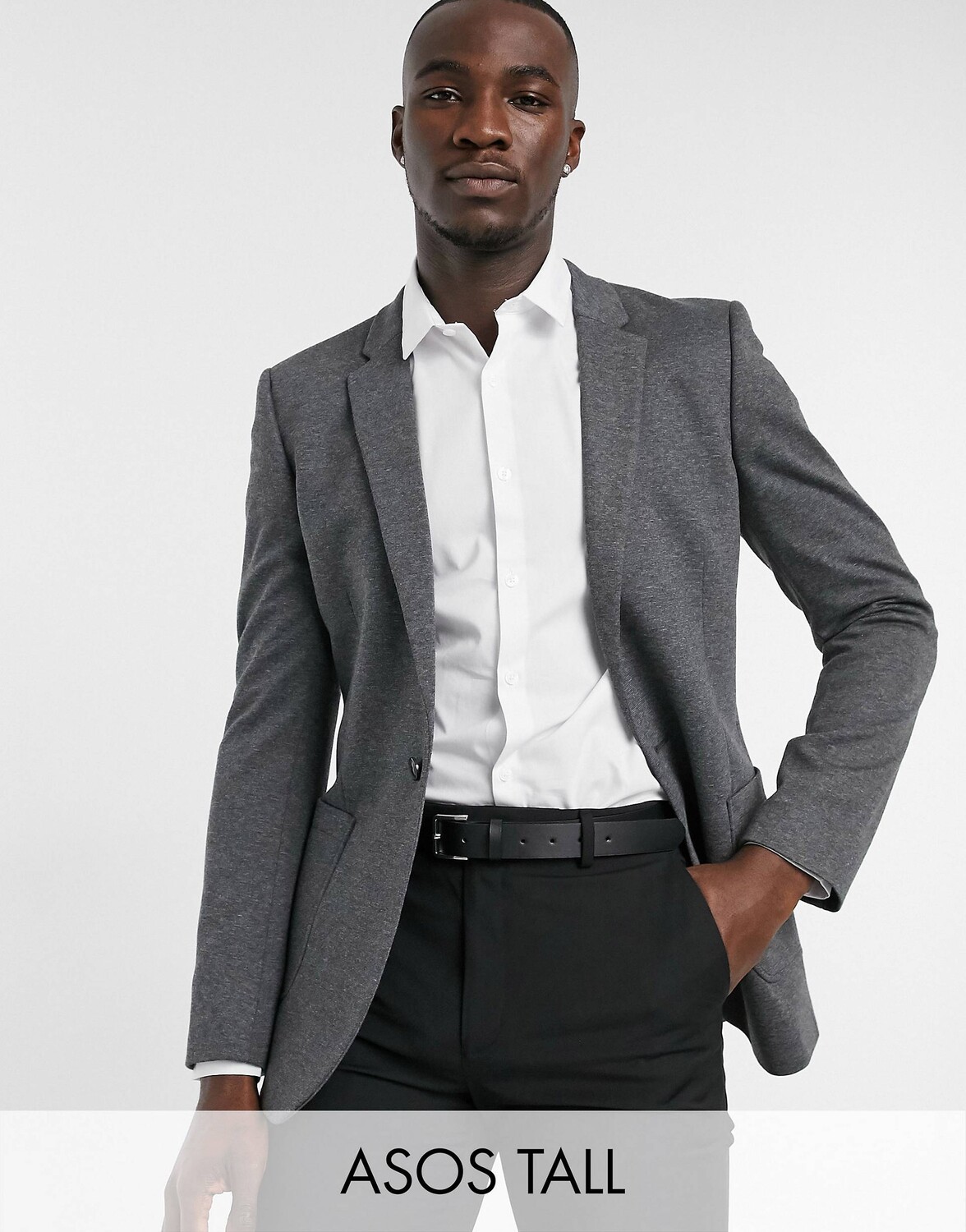 

Темно-серый узкий блейзер из джерси ASOS DESIGN Tall