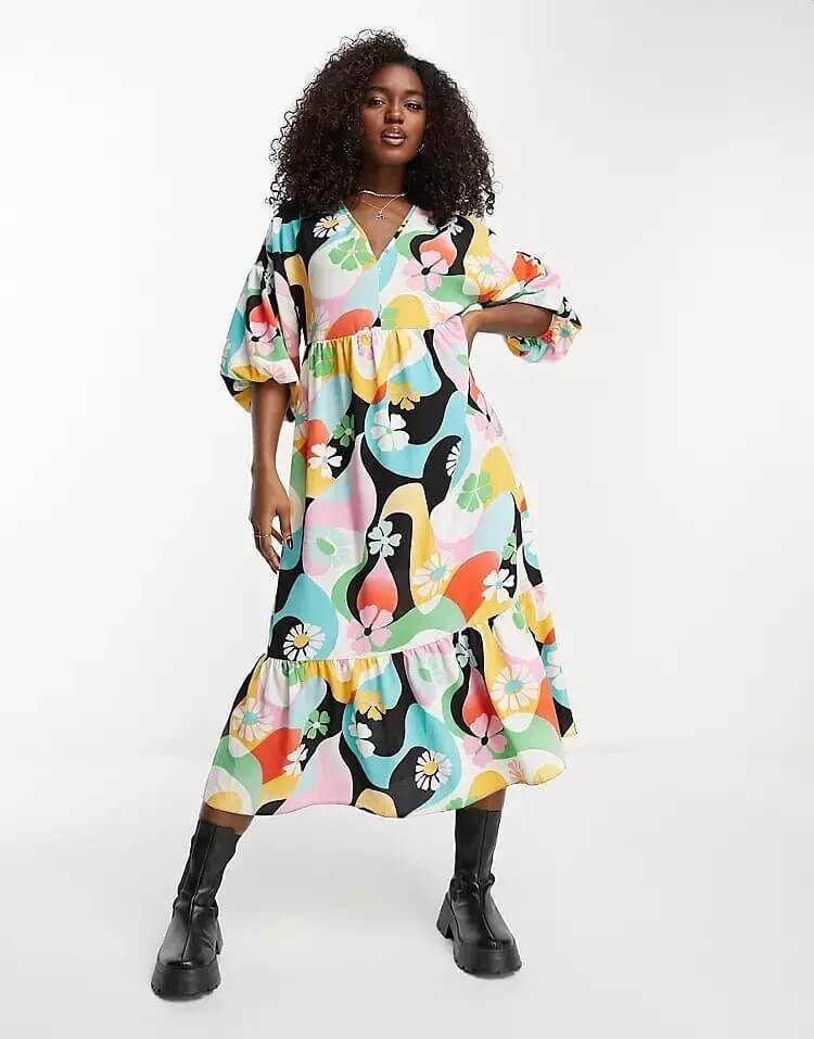 

Платье-миди ASOS DESIGN chuck on smock, яркий ретро-принт