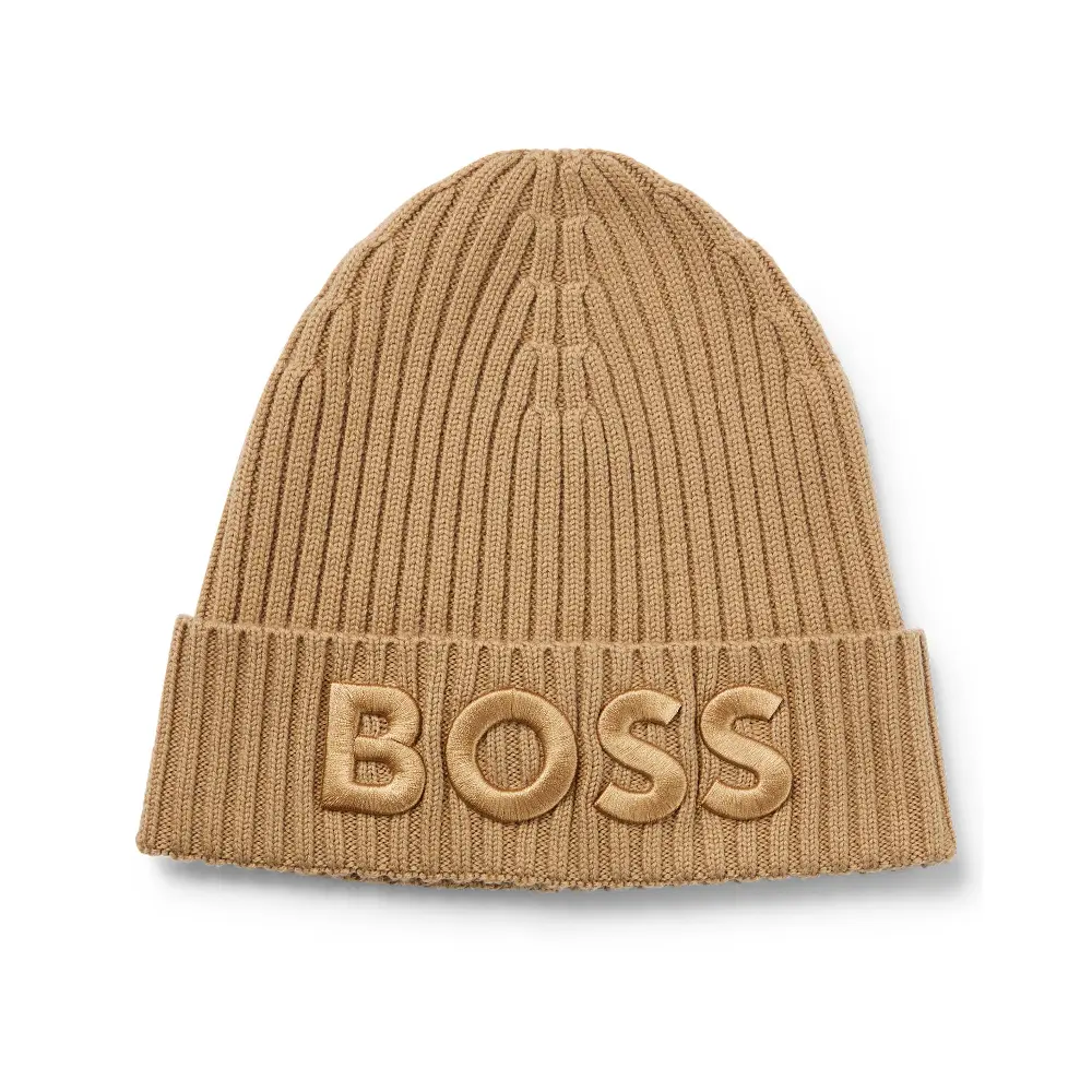 

Шапка-бини Boss Logo-embroidered Rib-knit In Virgin Wool, бежевый