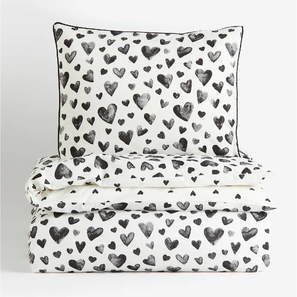 

Комплект односпального постельного белья H&M Home Heart-patterned, белый/черный