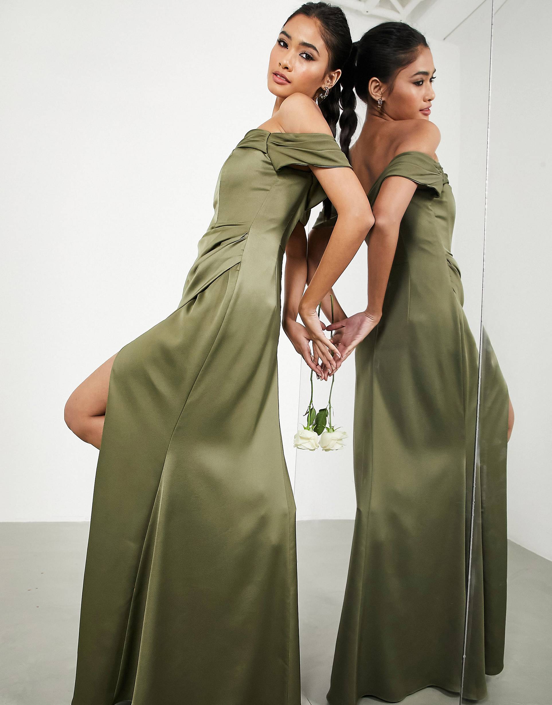 Оливковое атласное платье макси с драпировкой и драпировкой ASOS EDITION