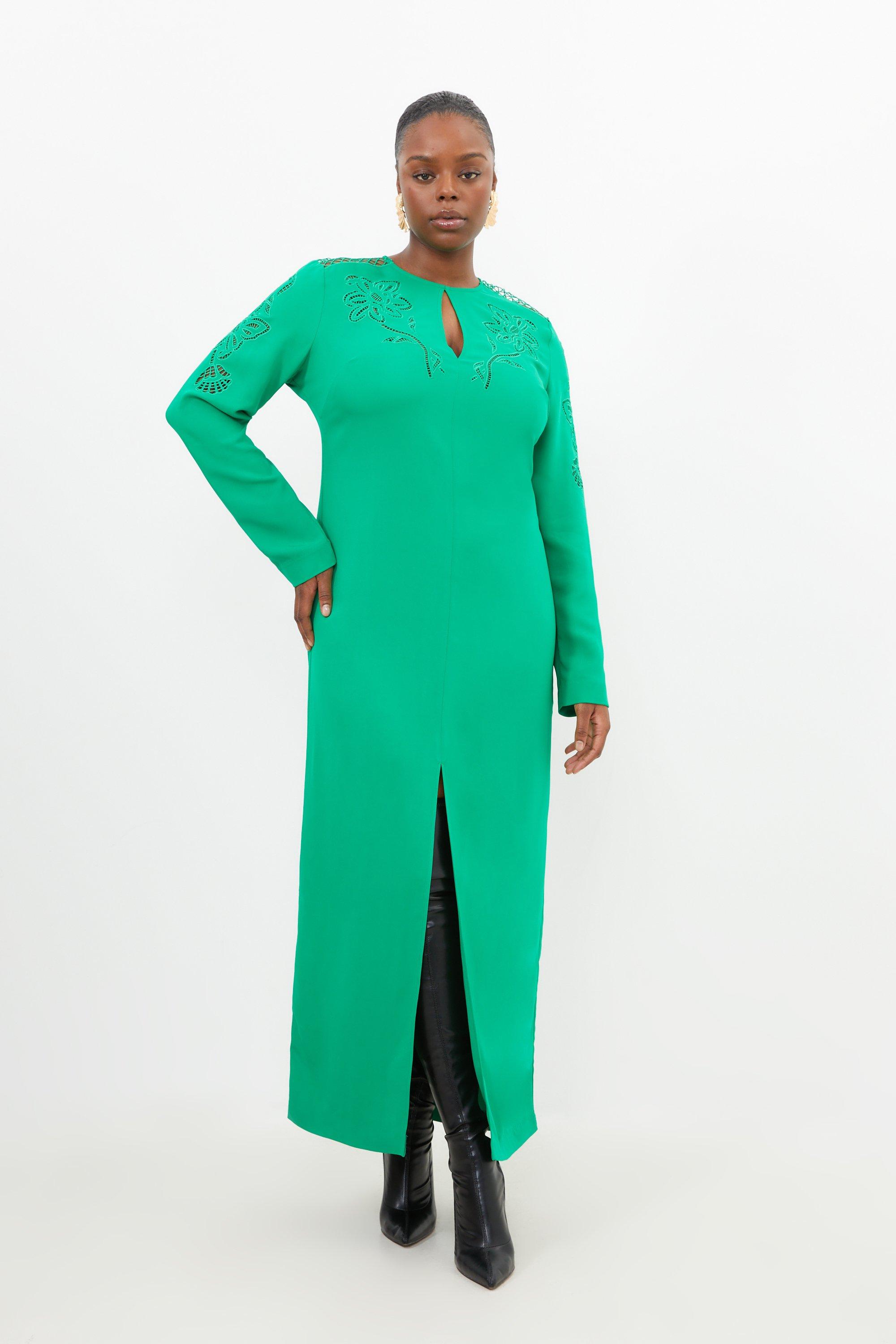 цена Плюс размер Премиум-платье из кади с ажурным узором и длинными рукавами Karen Millen, зеленый