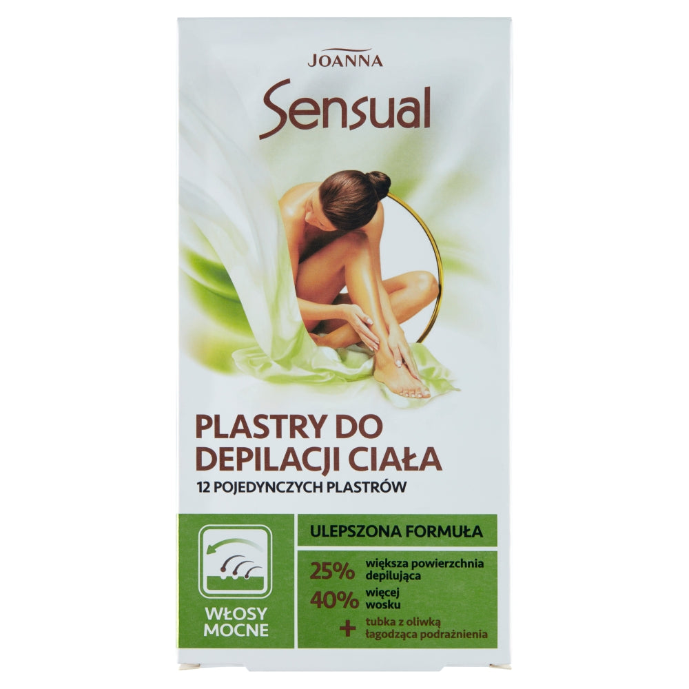 Joanna Полоски для депиляции тела Sensual для сильных волос 12шт + тюбик с успокаивающим оливковым маслом 10мл