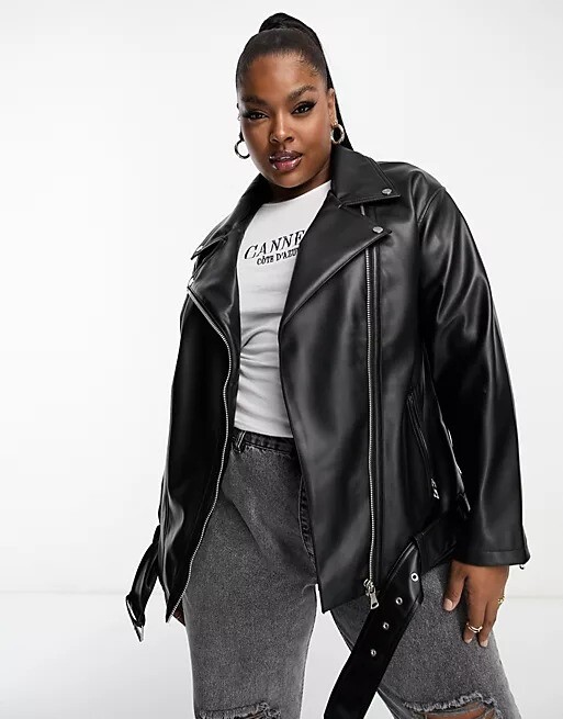 

Куртка Asos Design Curve Longline Oversized Faux Leather Biker, черный