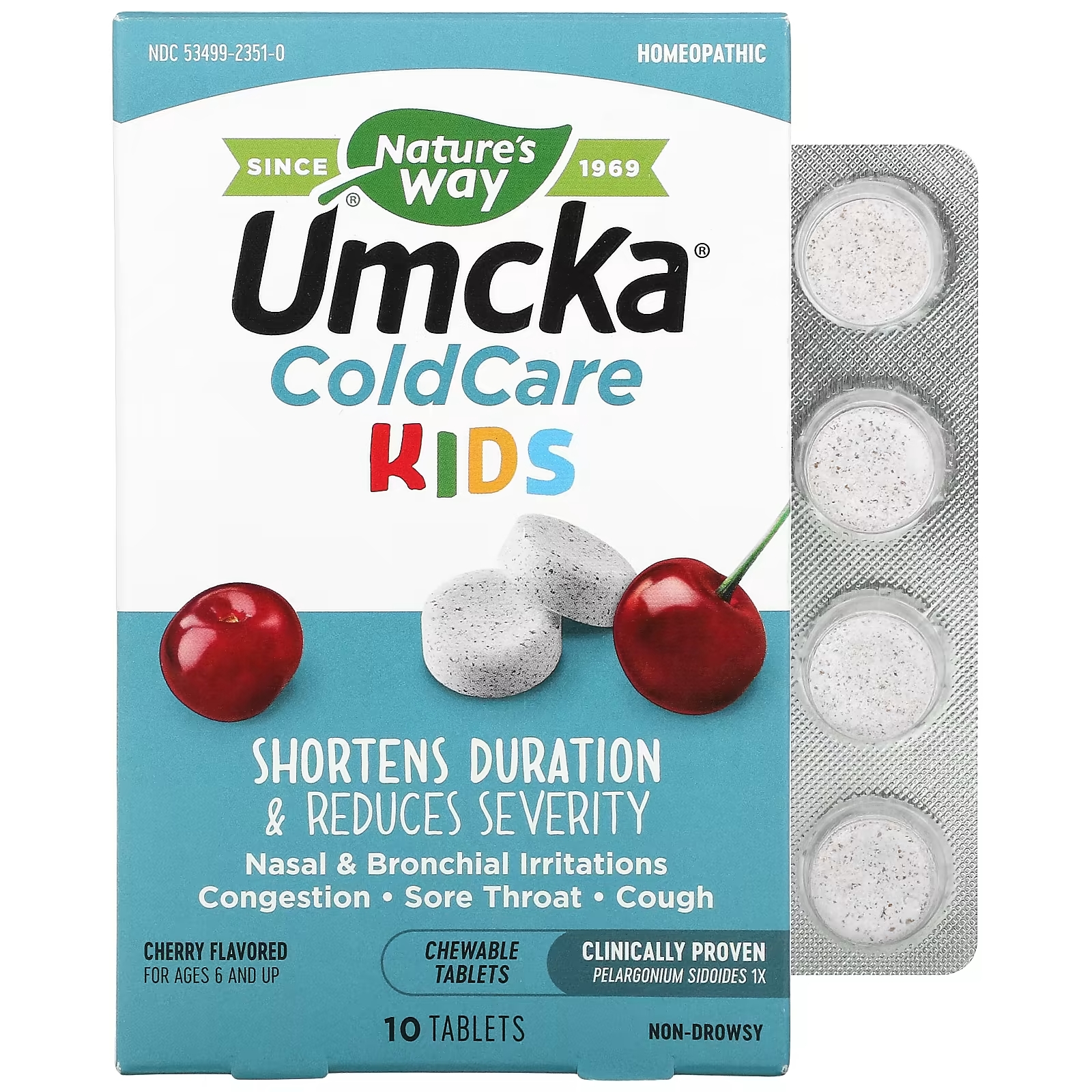 Таблетки от Боли в Горле для детей Nature's Way Umcka ColdCare, вишня, 10 жевательных таблеток