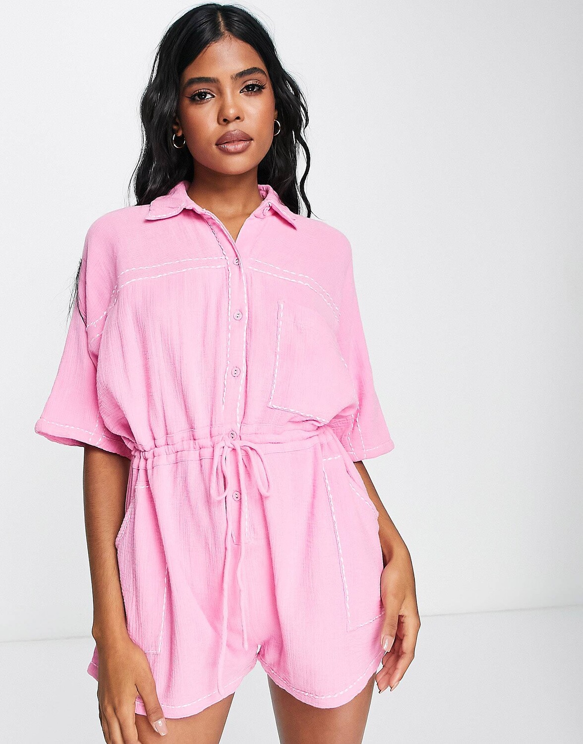 

Розовый комбинезон-рубашка с контрастной отстрочкой ASOS DESIGN