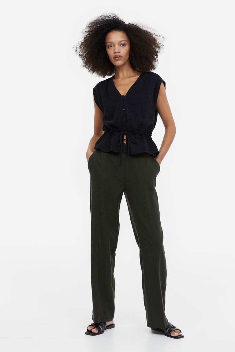 

Брюки из смесового льна из твила H&M, темно-зеленый