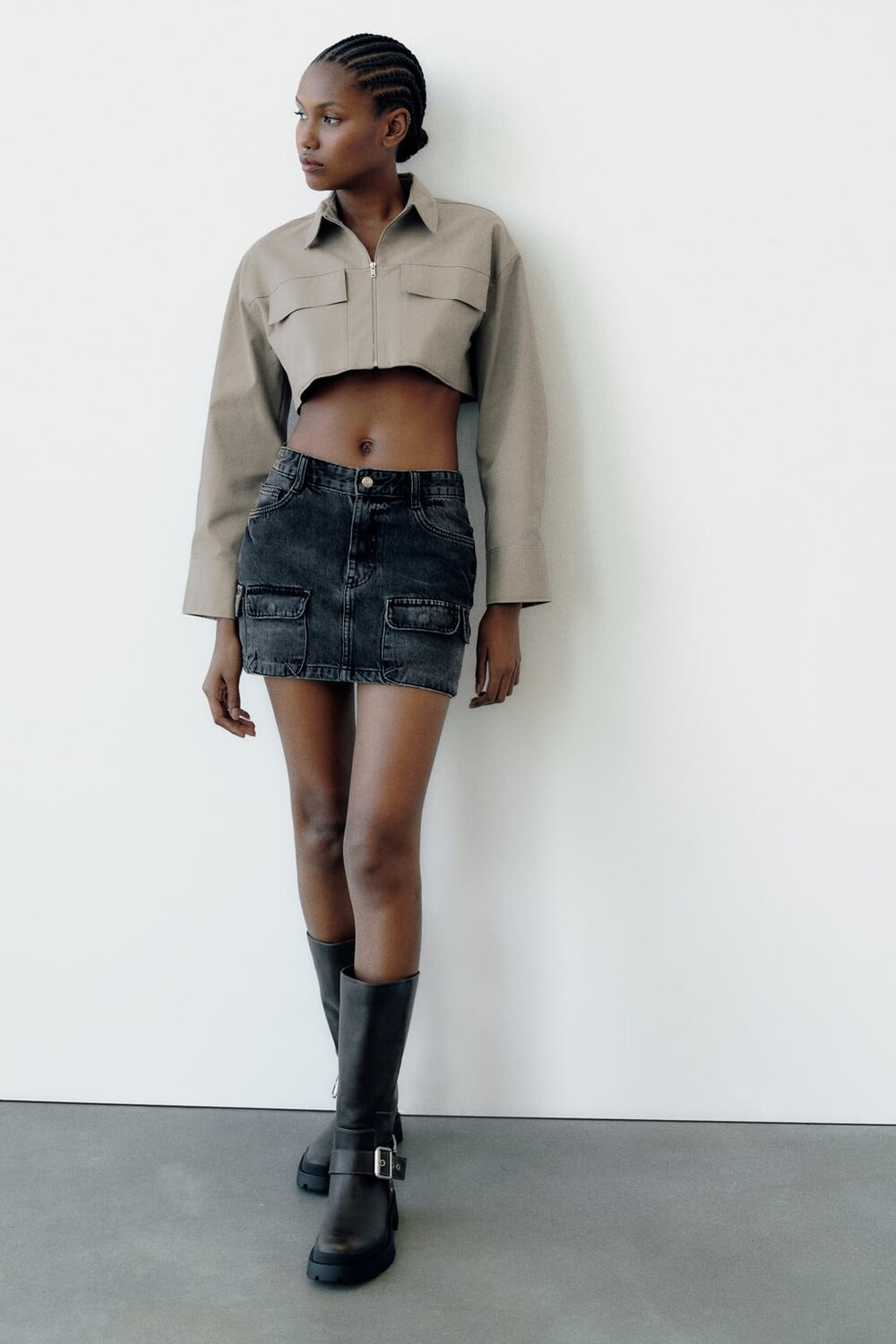 

Укороченная рубашка из габардина ZARA, хаки
