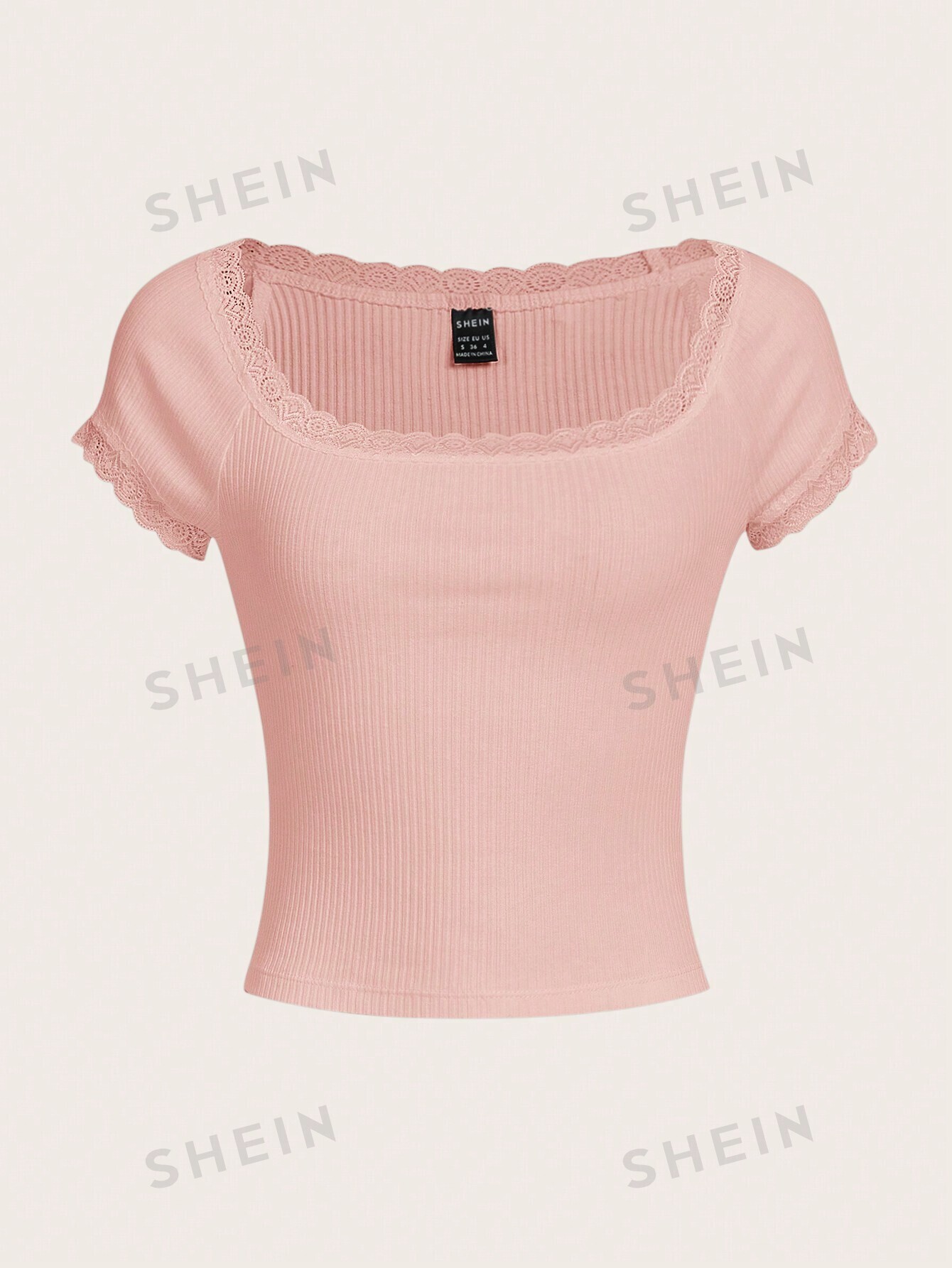 цена SHEIN Qutie Женская трикотажная футболка с короткими рукавами и кружевным краем, детский розовый