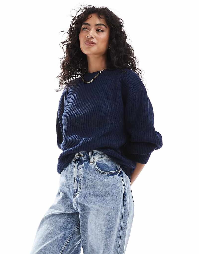 

ASOS DESIGN – темно-синий толстый свитер в рубчик с круглым вырезом