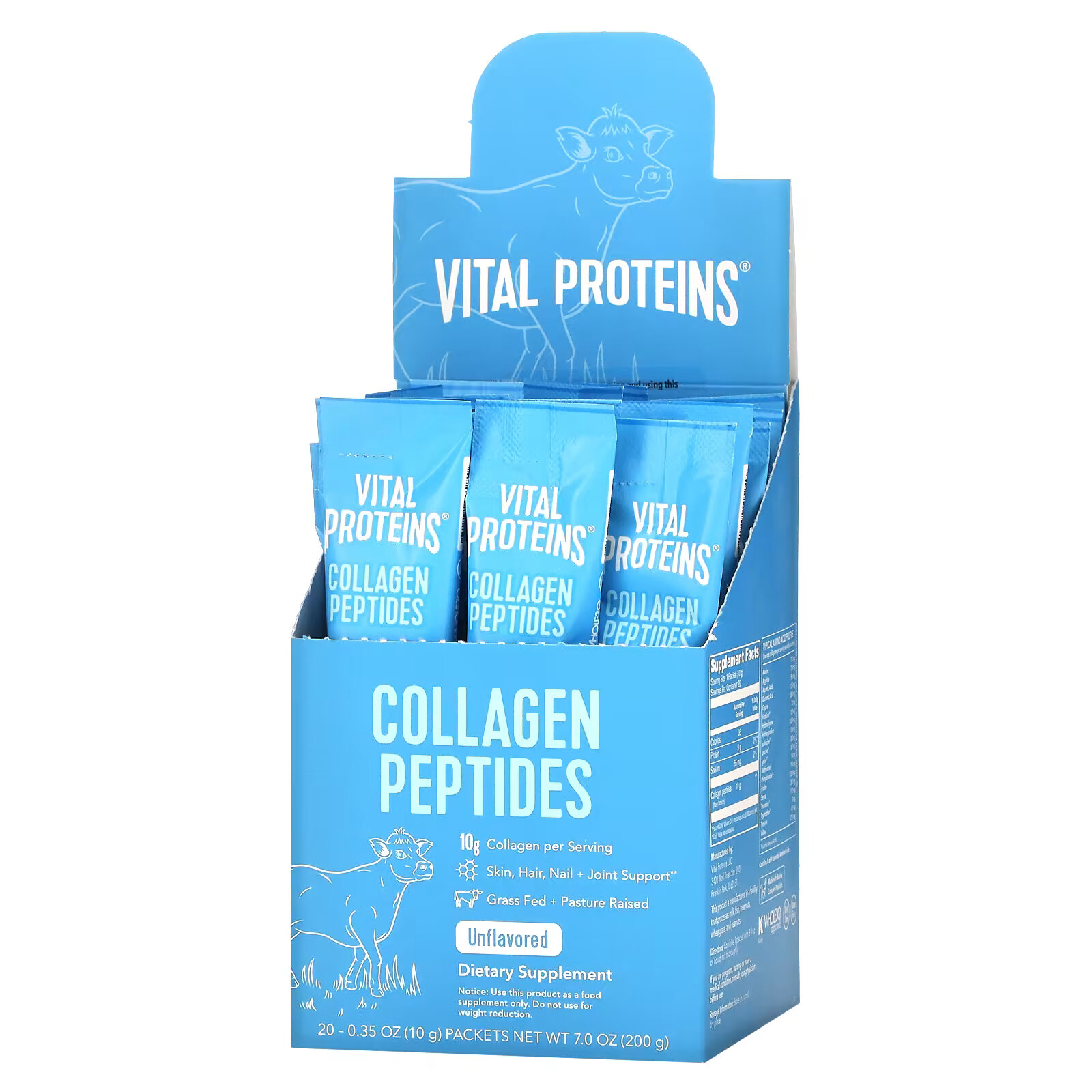 Vital Proteins, пептиды коллагена, без вкуса, 20 пакетиков, весом 10 г (0,35 унции) каждый vital proteins пептиды коллагена черный шоколад и ежевика 305 г 10 8 унции