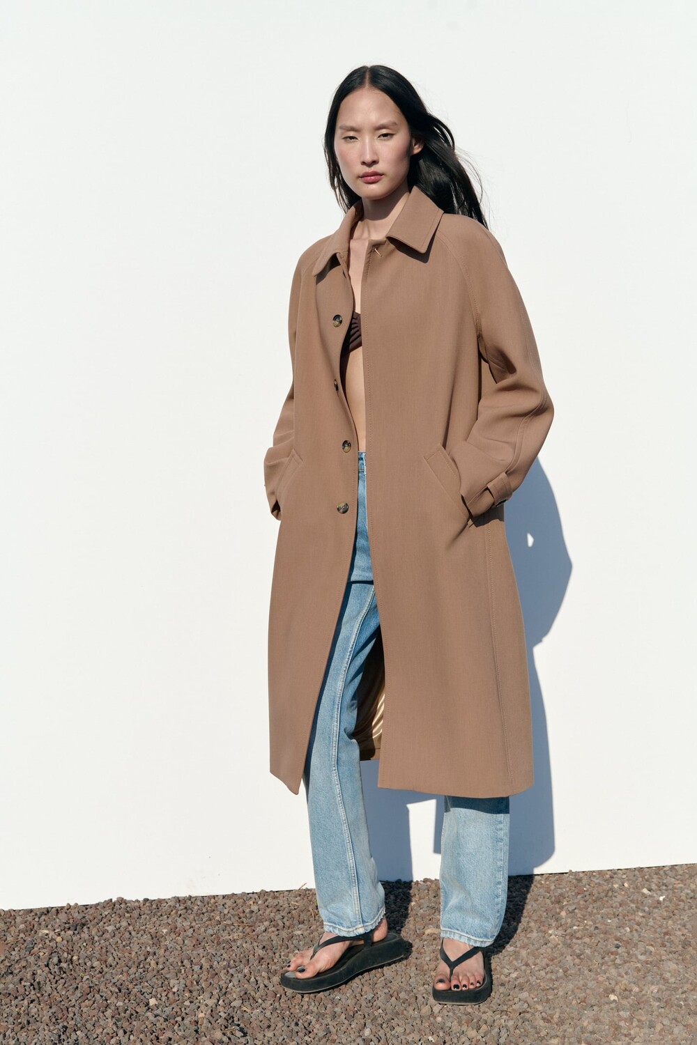 

Длинное пальто с карманами ZARA, бежево-розовый
