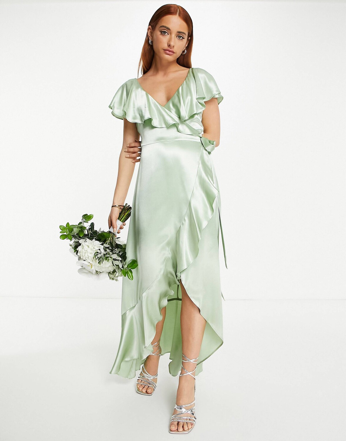 

Атласное платье цвета шалфея с поясом и оборками ASOS Topshop