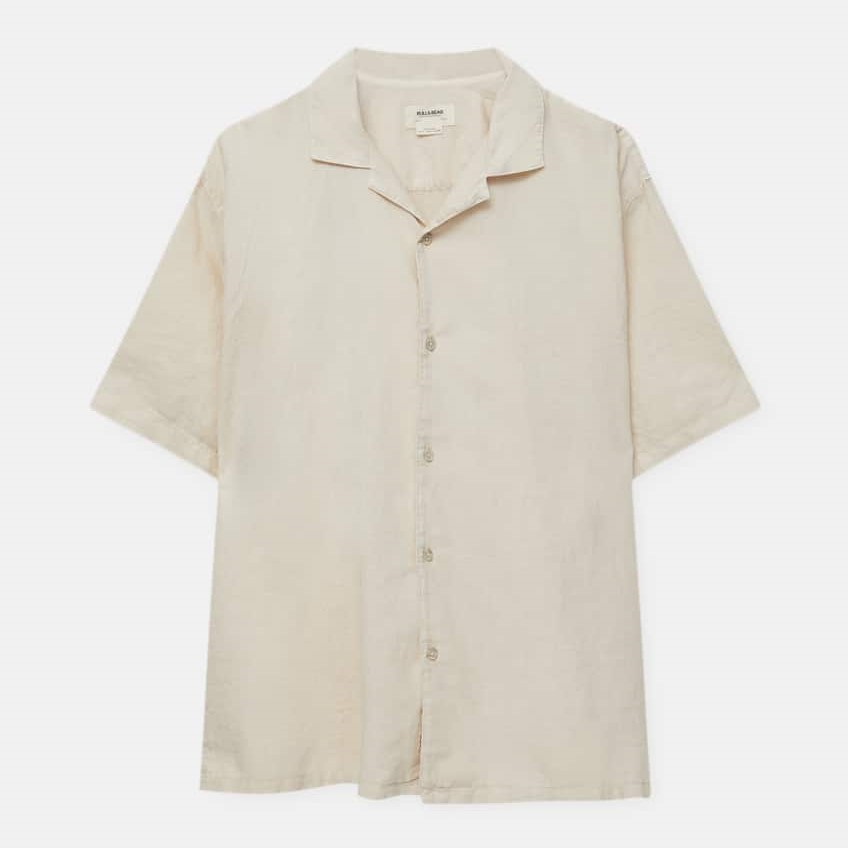 Рубашка Pull&Bear Basic Short Sleeve Linen Blend, серо-бежевый
