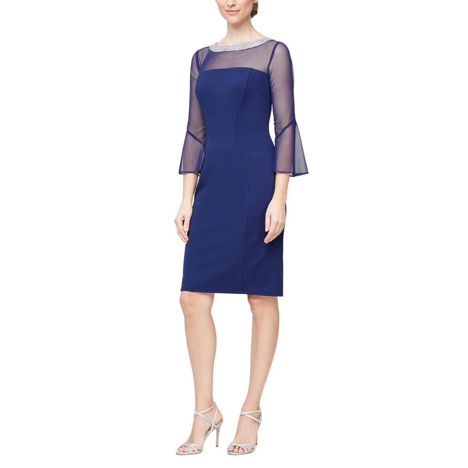 

Платье Alex Evenings, Short Shift Dress with Beaded Illusion Neckline and Bell Sleeves