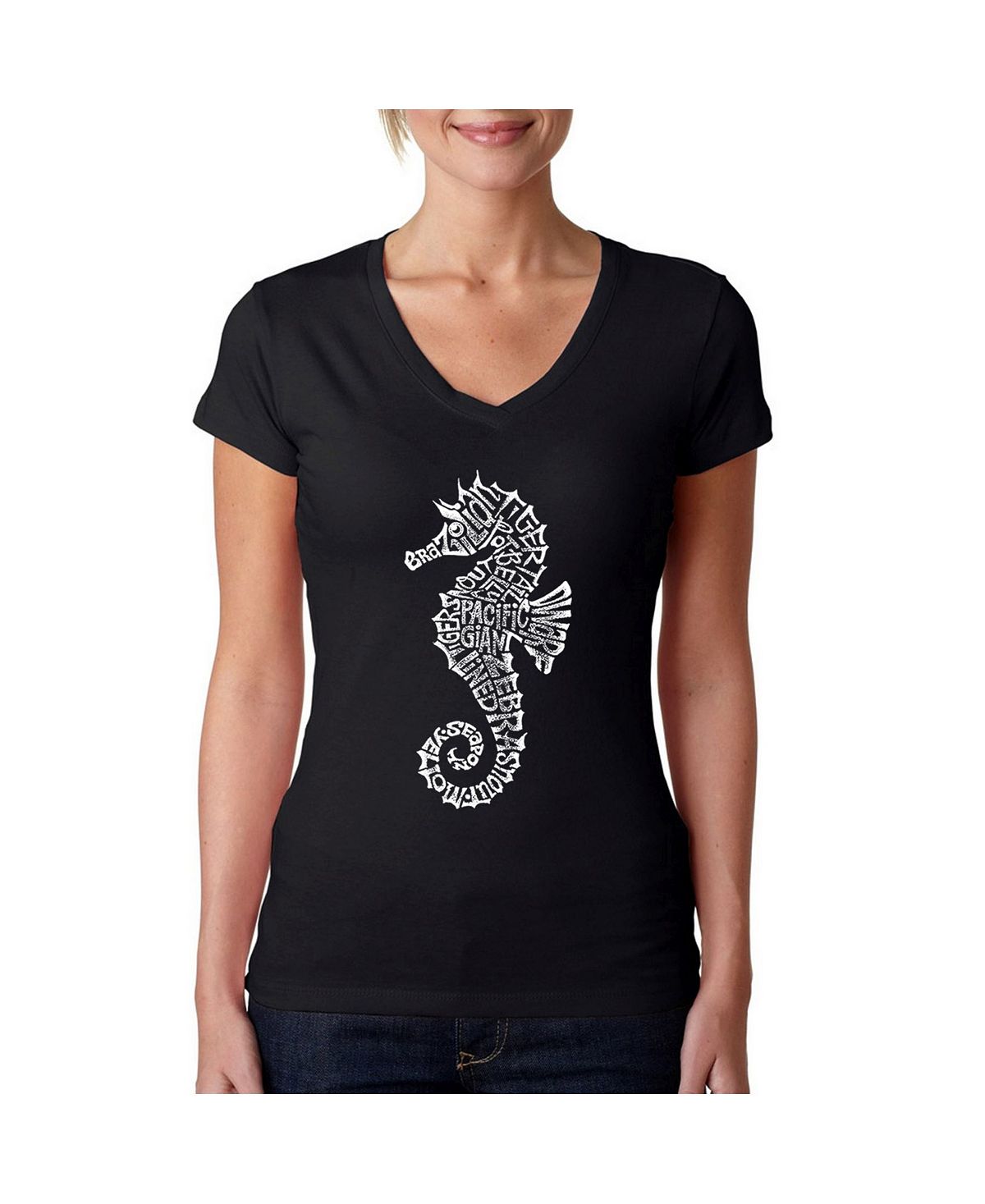 Женская футболка word art с v-образным вырезом - types of seahorse LA Pop Art, черный