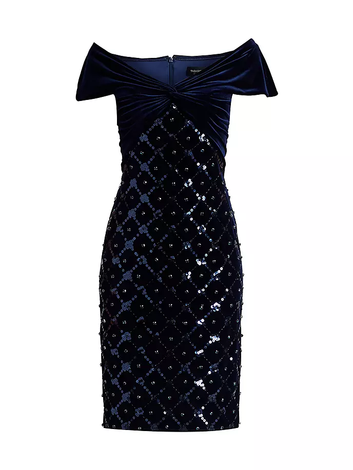 

Бархатное платье-футляр с блестками и бриллиантами Tadashi Shoji, цвет royal navy