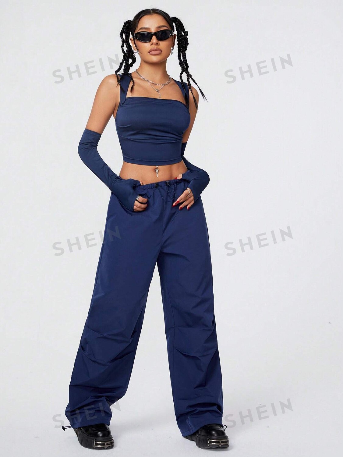 

SHEIN Coolane Однотонный комплект из жилета без рукавов и рабочих брюк, темно-синий