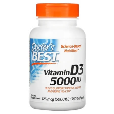 Витамин D3, Doctor's Best, 125 мкг (5000 МЕ), 360 мягких таблеток doctor s best витамин d3 125 мкг 5000 ме 360 мягких таблеток