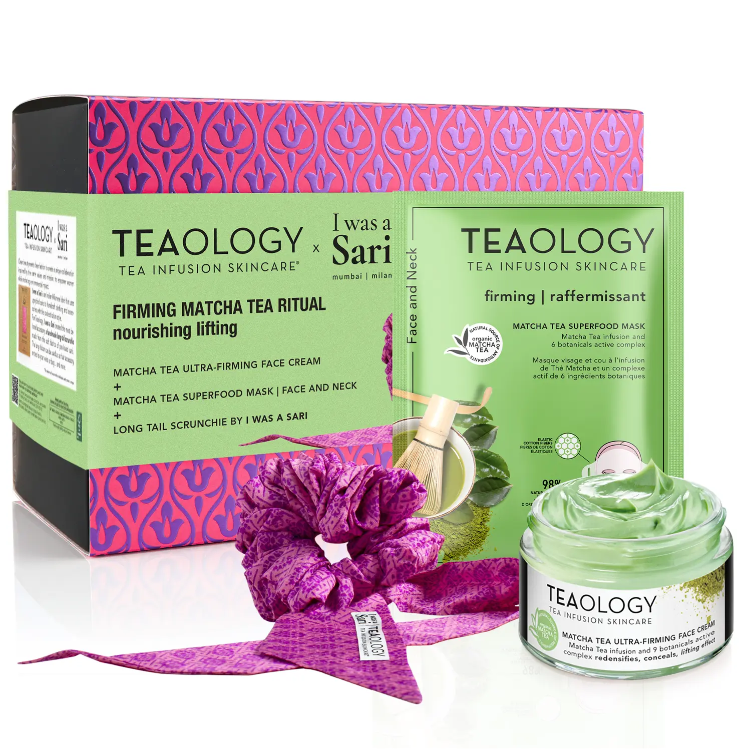 

Teaology Firm Matcha Tea набор: крем для лица, 50 мл + укрепляющая маска для лица, 21 мл + резинка для волос с платком, 1 шт.