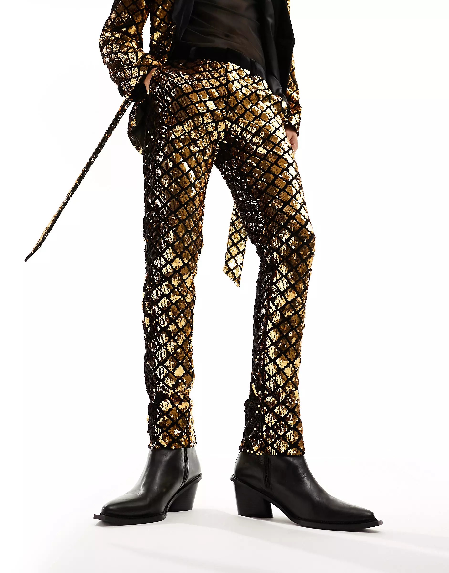 Брюки Asos Design Skinny Suit In Diamond Sequin, черный, золотой узкие костюмные брюки zara черный