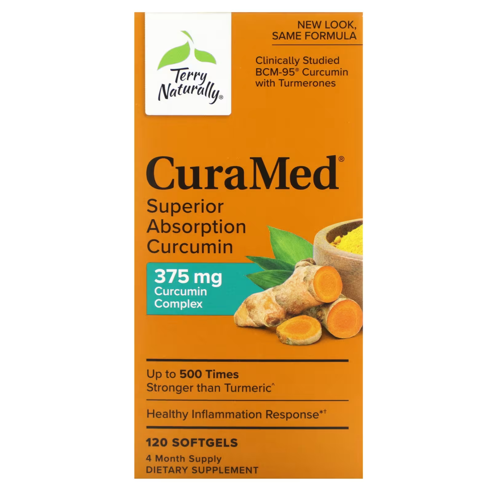 Куркумин Terry Naturally CuraMed с улучшенной абсорбцией, 375 мг, 120 мягких таблеток usn north america inc куркумин с высокой усвояемостью и биоперином 500 мг 60 капсул