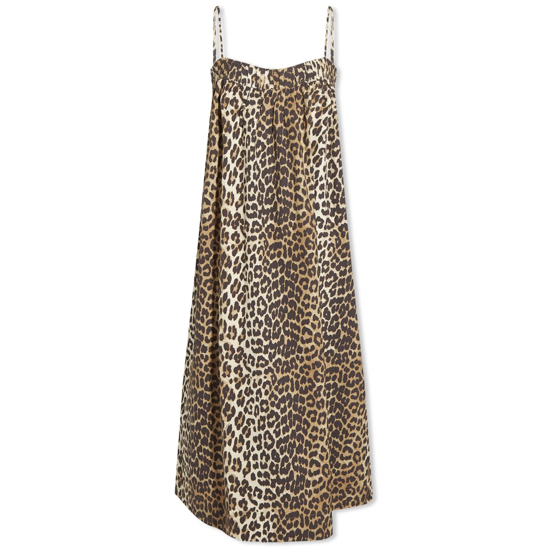 Платье Ganni Leopard Printed Cotton Midi Strap, коричневый/мультиколор