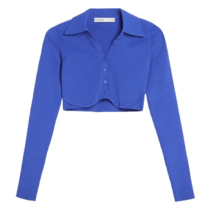 

Кардиган Bershka Cropped Polo Collar With Buttons, темно-синий