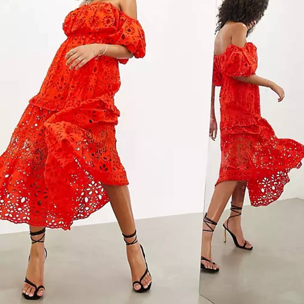 Платье Asos Edition Shoulder Layered Midi, красный платье на пуговицах с открытыми плечами и вышивкой ришелье zarina 9226006506 голубой 42