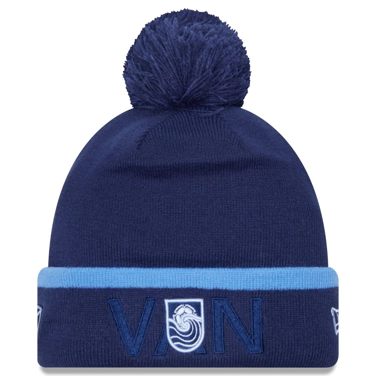 

Мужская вязаная шапка New Era Deep Sea Blue Vancouver Whitecaps FC Wordmark Kick Off с манжетами и помпоном