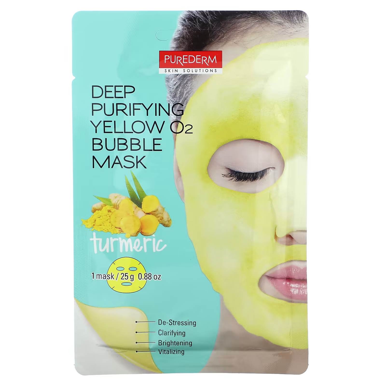 Deep Purifying Yellow O2 Bubble Beauty Mask Куркума, 1 тканевая маска, 0,88 унции (25 г) Purederm