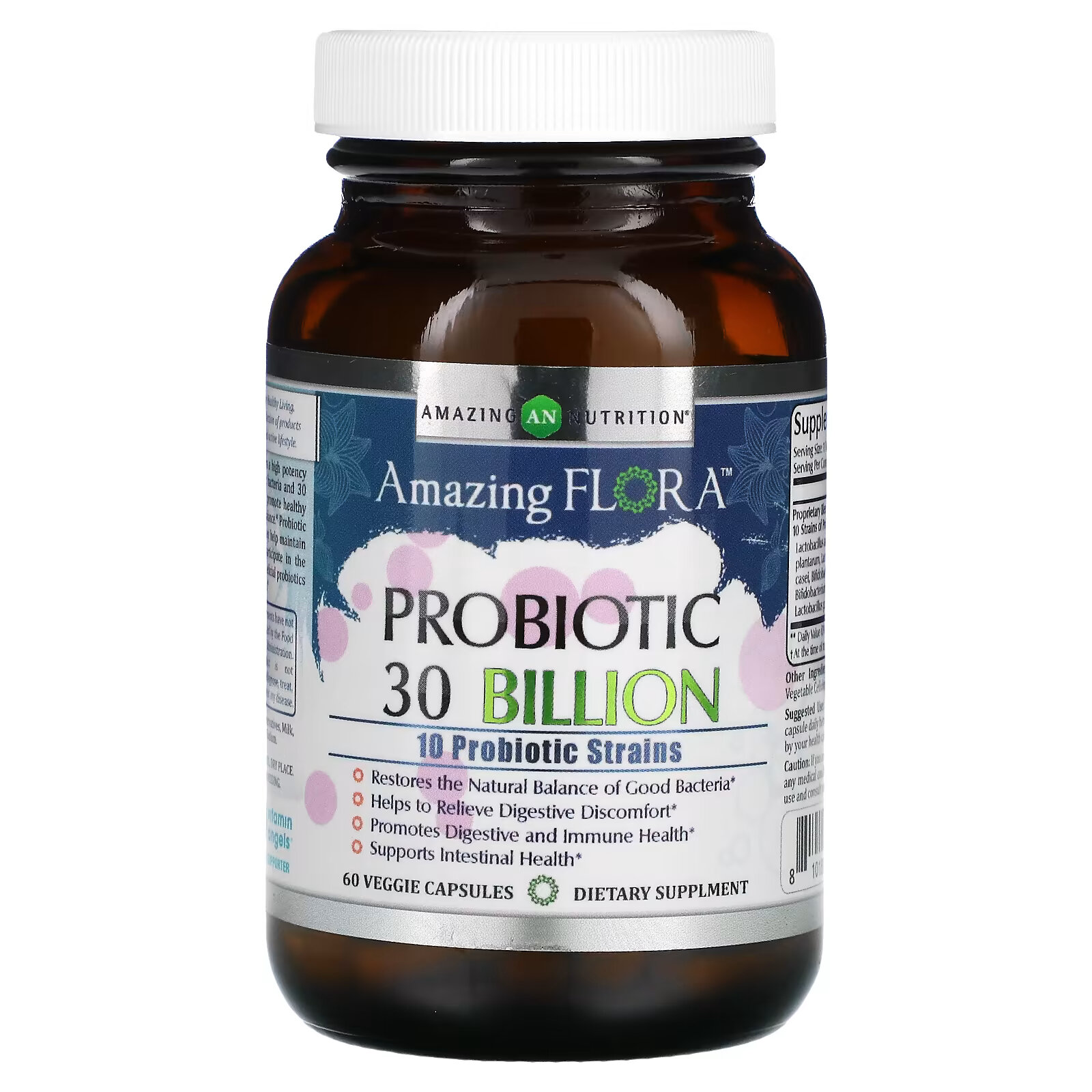 Amazing Nutrition, Amazing Flora, пробиотик, 30 млрд КОЕ, 60 растительных капсул flora super 8 высокоэффективный пробиотик 42 млрд клеток 30 капсул